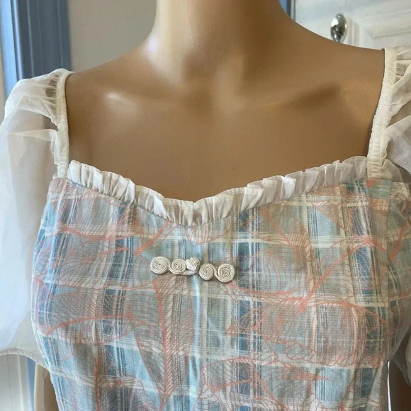 VTG IEF Womens L Silky Leaf Print Ruched Puff Sleeve Crop Top Fairy Square Neck - Picture 7 of 10